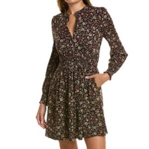 Boden Weekend Dress Elastic Waist Long Sleeve Button Bodice Black Ditsy Floral